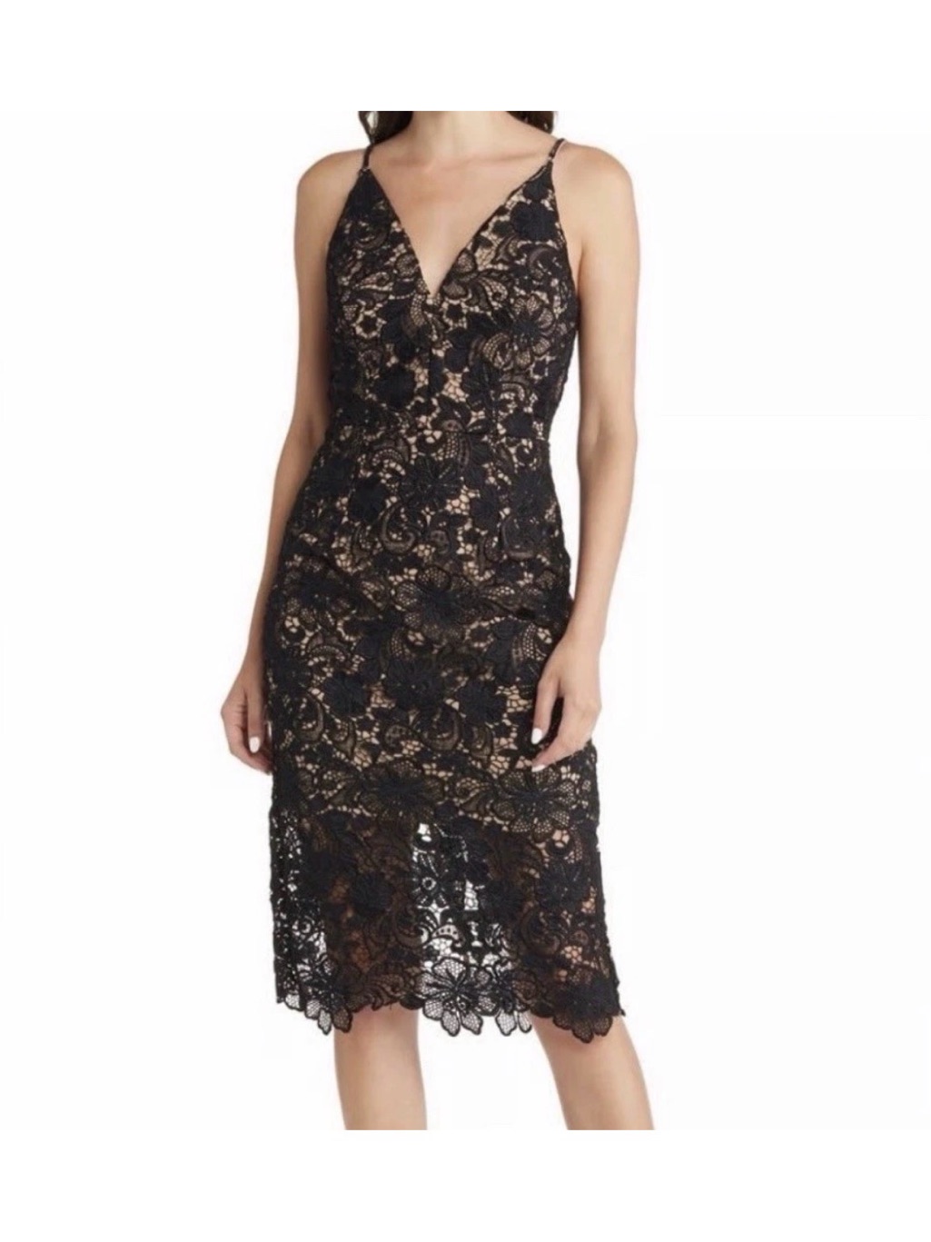 Dress The Population Black Lace Midi Dress Size Small Nude Lined Cocktail Formal